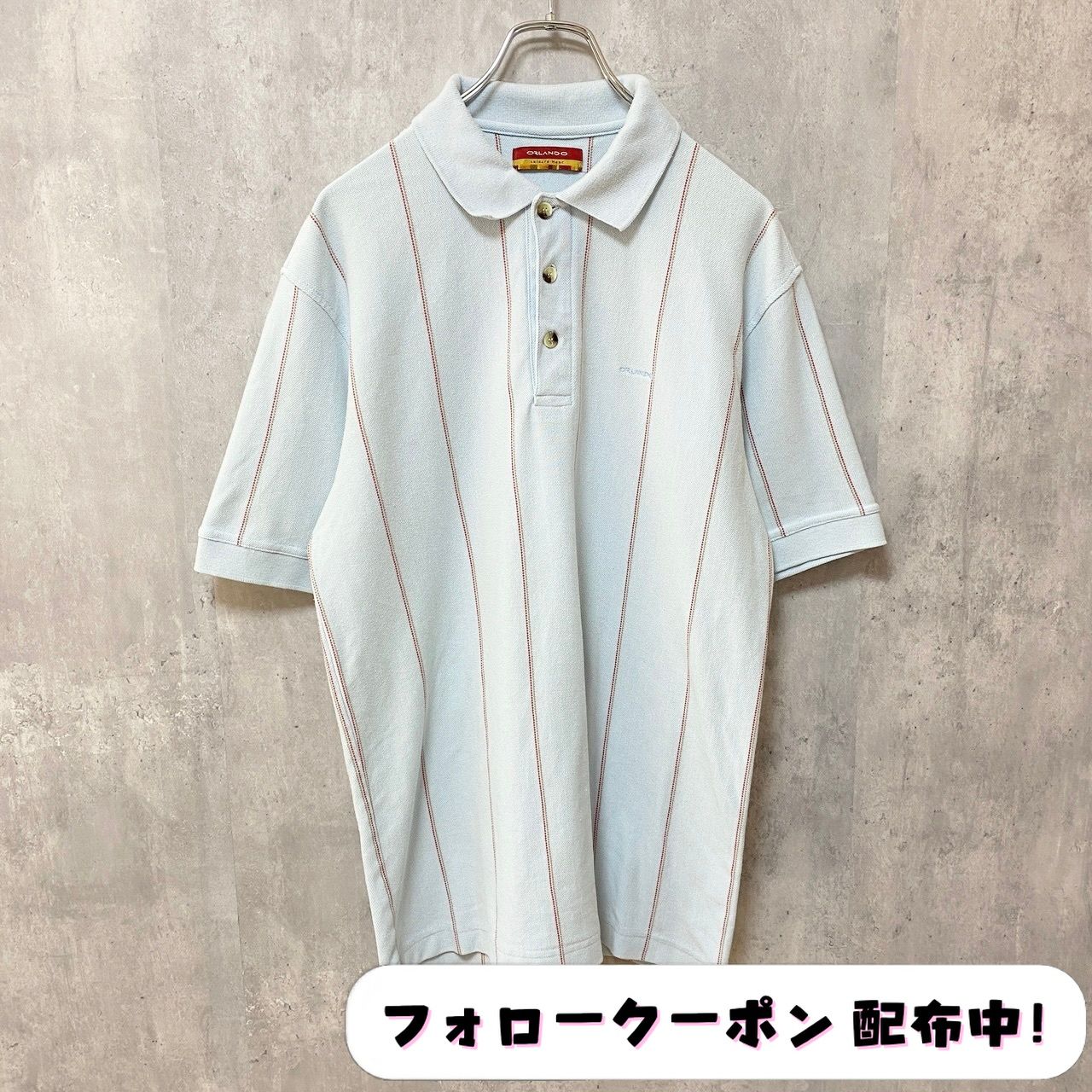 古着 used　ORLANDO　オーランド　半袖ストライプ柄ポロシャツ　ワンポイントロゴ刺繡　白　ホワイト　春夏服