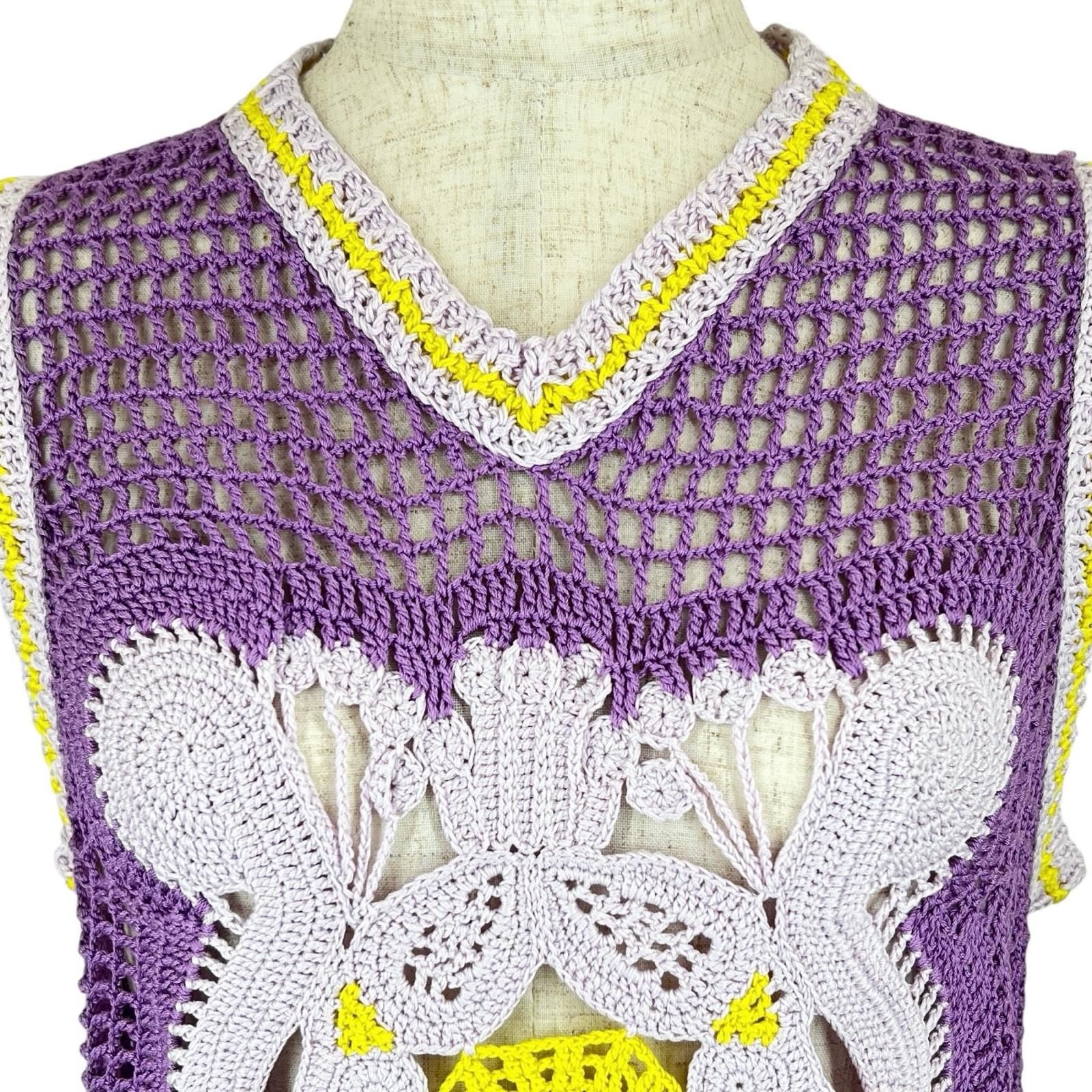 フィットする ▲PATOU パトゥ KN05180335035 コットン100％ ハンドメイド クロシェ ベスト パープル S レディース タグr付き 定価148 500円