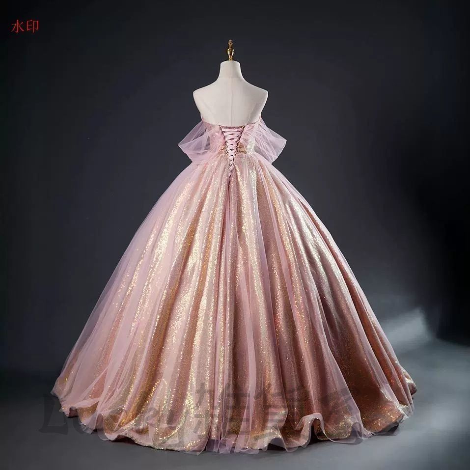 ドレス プリンセスライン ピンク チューブトップ 上品 ロングドレス ウェディングドレス 結婚式 二次会 花嫁 前撮り 演奏会 発表会 ステージ衣装 編み上げ キラキラ カラードレス ドレス ブライダル スーツ フォーマル ドレス