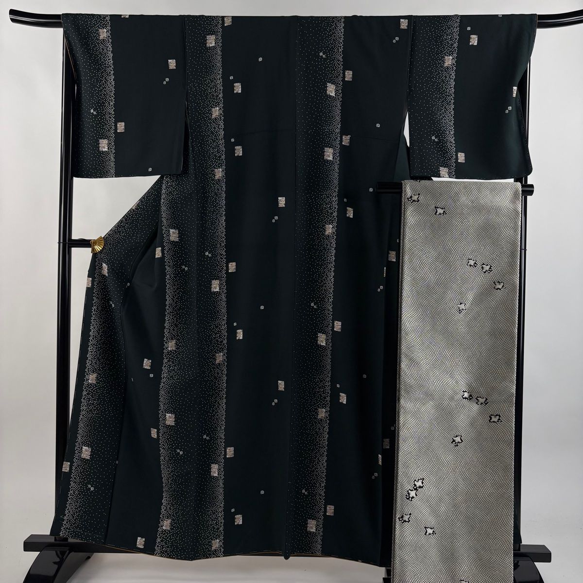 小紋 身丈159.5cm 裄丈68cm L 袷 袋帯セット 風景 幾何学模様 深緑 正絹 秀品