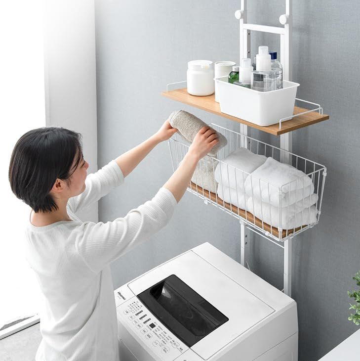 タンスのゲン ランドリーラック 収納棚 幅60cm 突っ張り式 9段 高さ調整 縦型 防水パン対応 カゴ付き スリム 省スペース 84300001 94709