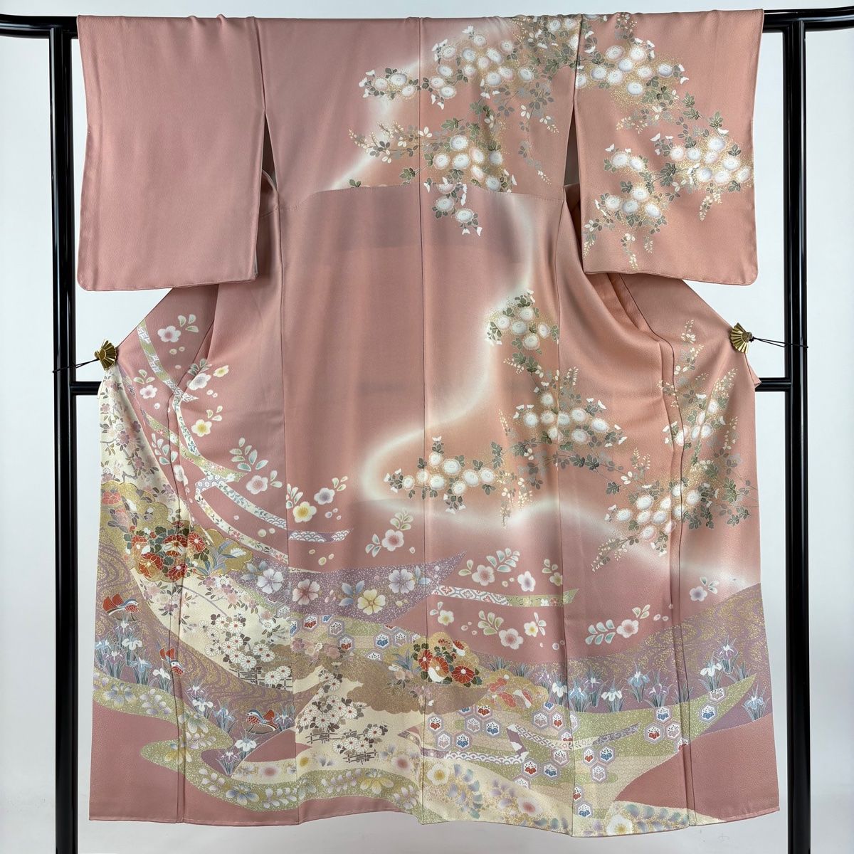 訪問着 身丈150cm 裄丈61cm S 袷 鴛鴦 草花 金糸 金彩77 ピンク 正絹 秀品