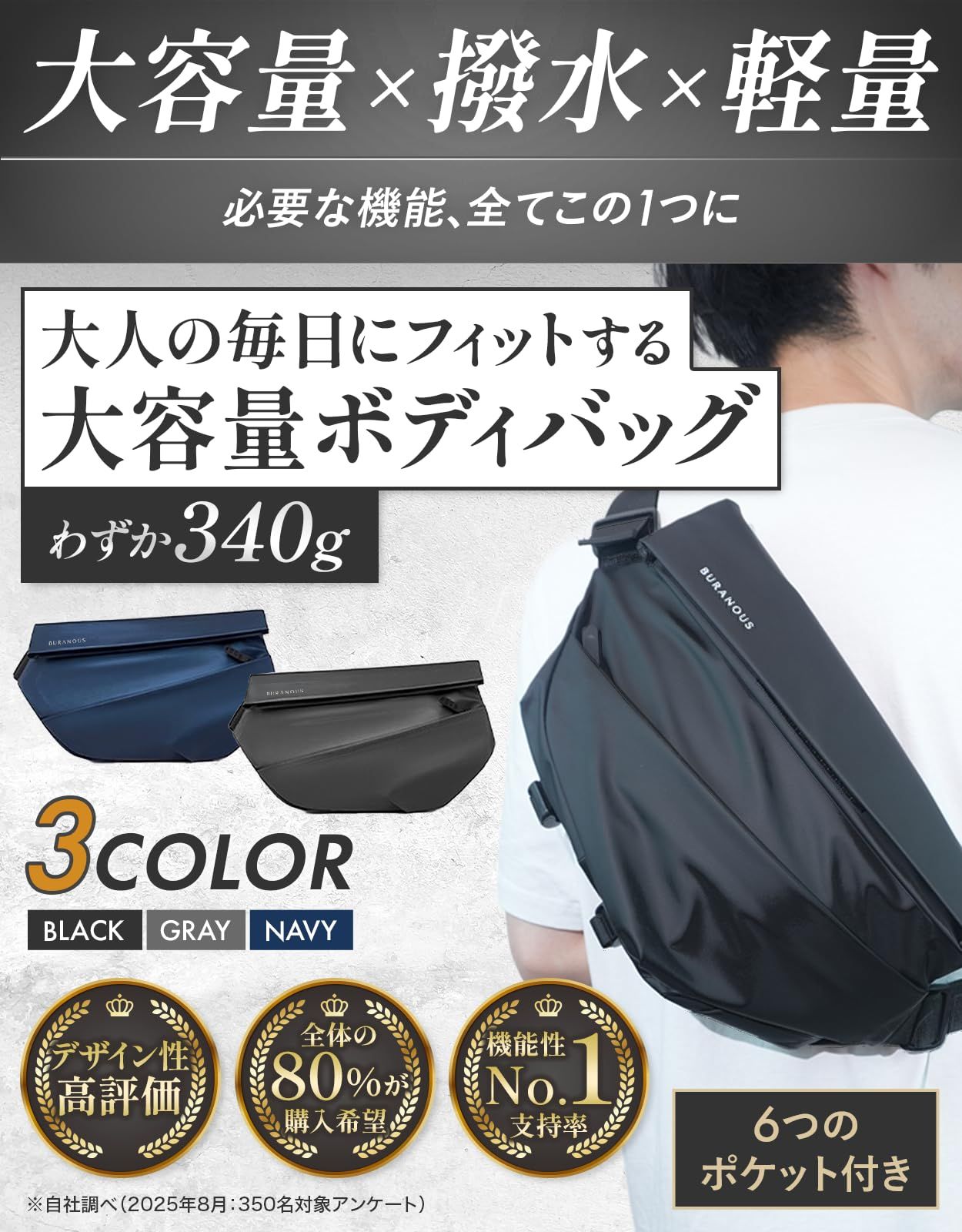[Ｂｕｒａｎｏｕｓ] 【タフ素材xスリ防止設計x大容量】 ボディバッグ メンズ ショルダーバッグ 【通勤や旅行中の急な雨でも大丈夫】【1Lペットボトルもラクラク収納】 通勤・旅行に最適