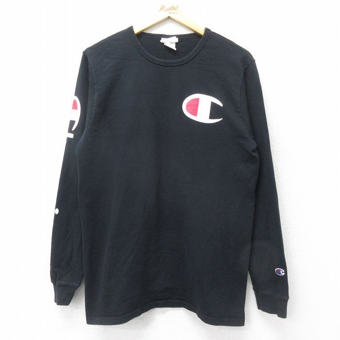 L/古着 チャンピオン Champion 長袖 Tシャツ メンズ ビッグロゴ コットン クルーネック 黒 ブラック 24aug01 中古