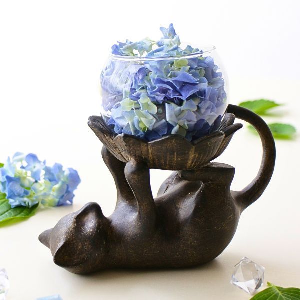 花瓶 花びん ガラスベース 花器 フラワーベース 猫 ネコ ねこ キャンドルホルダー ガラスポット 置物 グラスポット付き寝そべりネコ