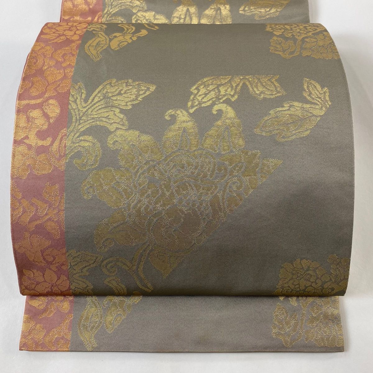 O0699 美品 逸品 希少 洛風林 正絹 本袋帯 袋帯 美品 逸品 洛風林 落款 草花 更紗 箔 灰色 六通 正絹