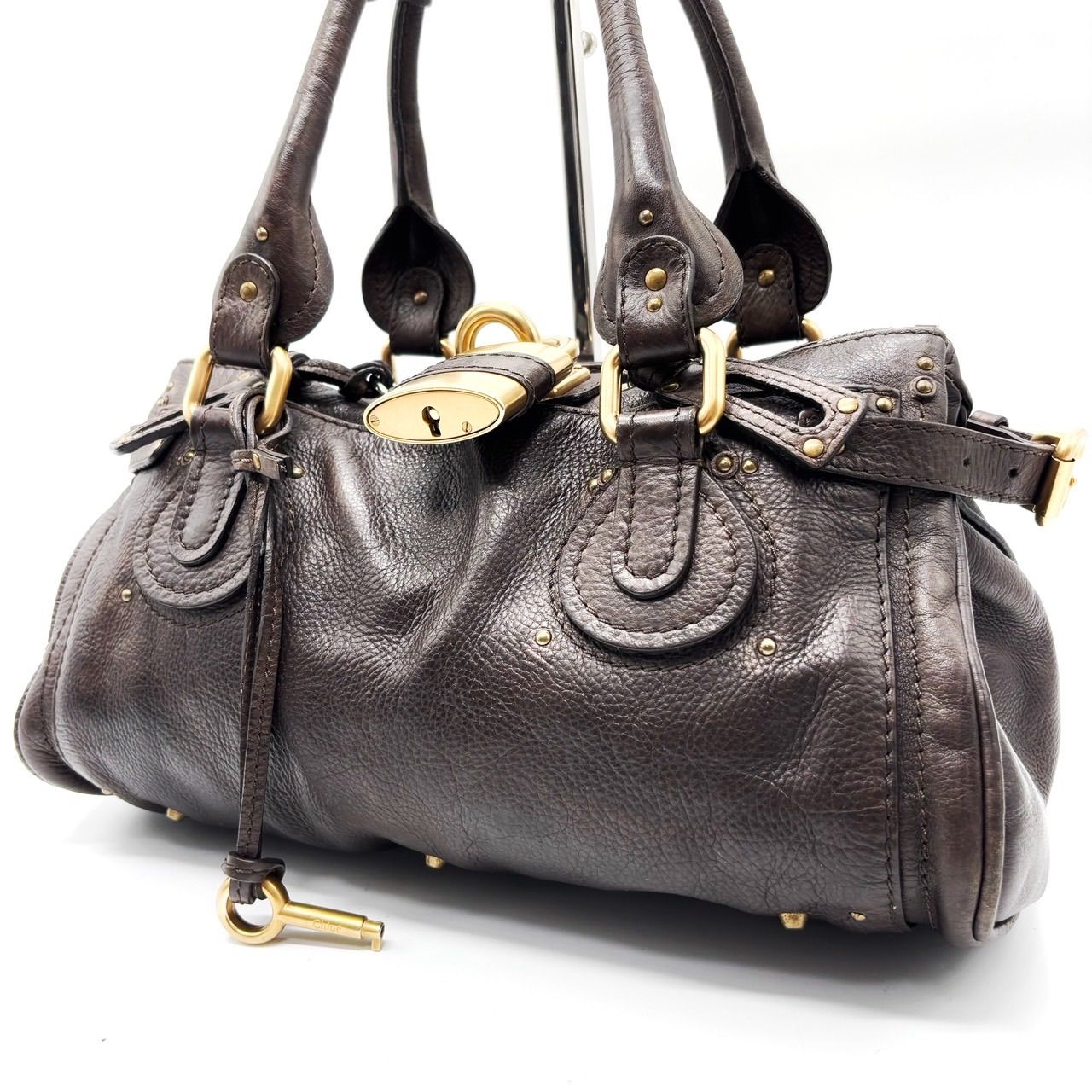 クロエパディントンハンドバッグ南京錠型押しロゴ金具ブラウンレザー