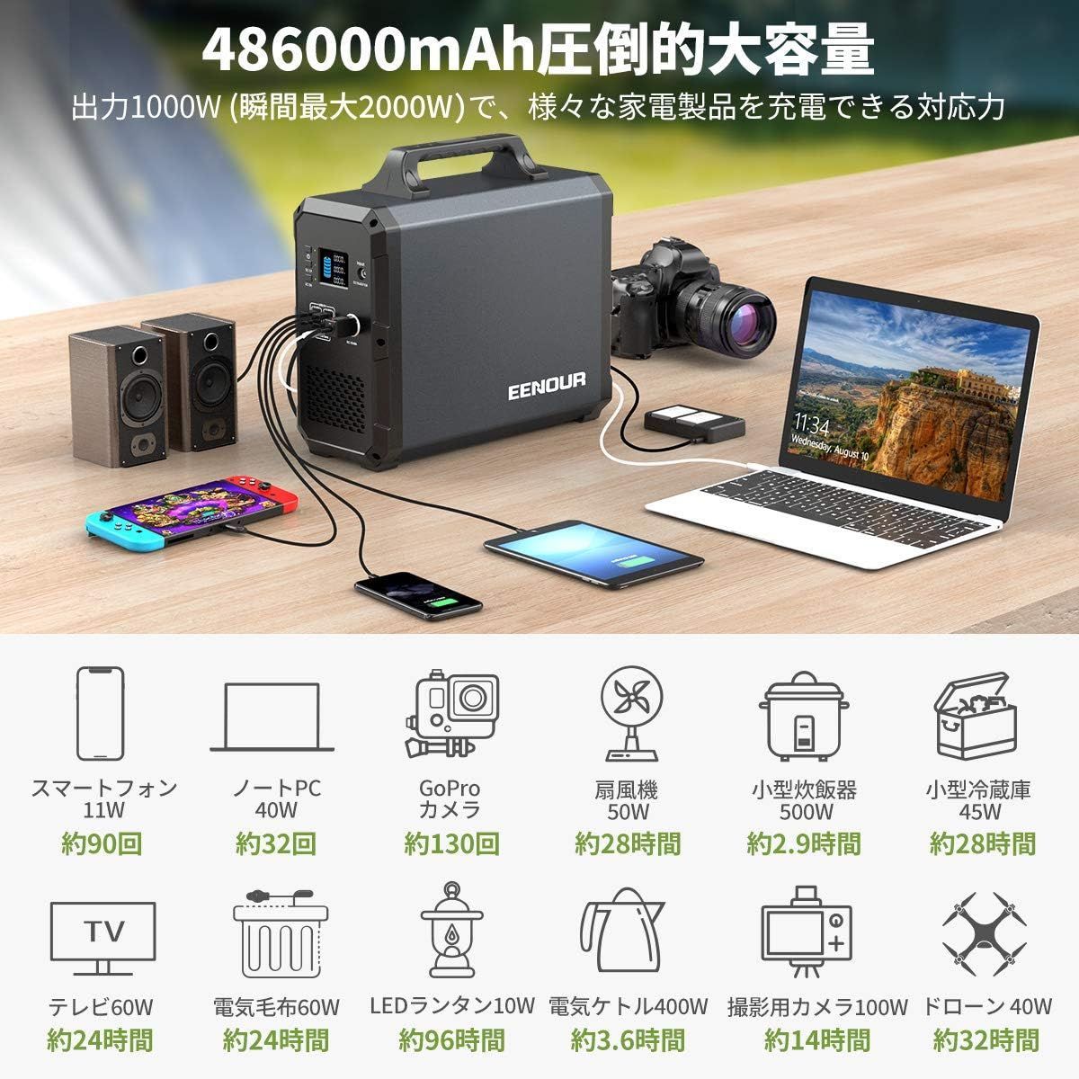 大容量 格安】EENOUR ポータブル電源 EB180［1800Wh/486000mAh］ 防災 