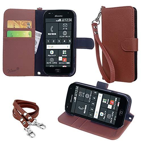【人気商品】らくらくスマートフォン wisers F-42A / me F-01L 対応 手帳型スマホケース (ダークブラウン) 着脱しやすい (カードホルダー/スタンド機能付き) ストラップ 2種付き (ハンドストラップ/