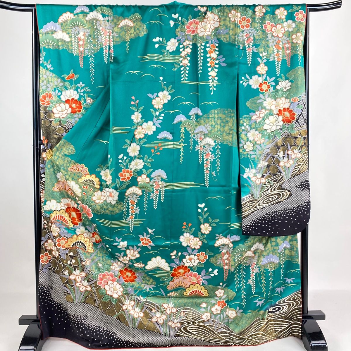振袖 身丈171cm 裄丈67.5cm L 袷 草花 雲文 金彩 緑 正絹 名品
