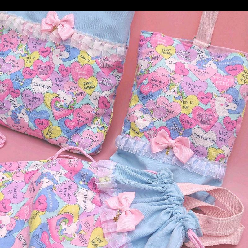 水色 ユニコーン レッスンバック 上履き袋 体操着袋 給食袋 女子 セット