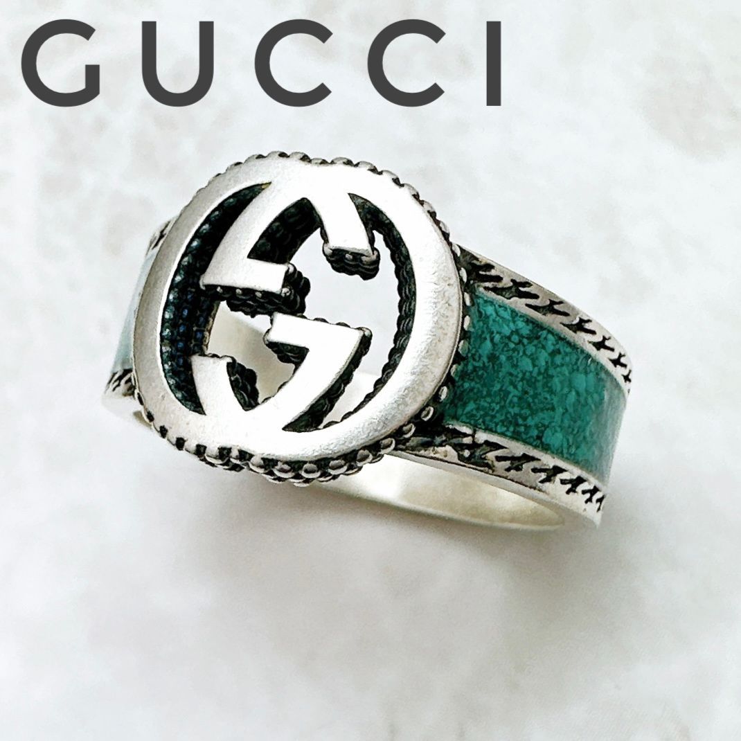 美品GUCCI カットアウト インターロッキングG エナメル リング グリーン 人気🌟GUCCI インターロッキング G エナメル グリーン ワイド