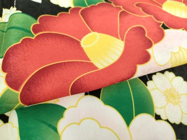 平和屋着物 二尺袖 小振袖 舞桜 椿 黒地 洗える着物 DAAY1015ps WWW_SMP1DAWEKUDUS_SCH_ID