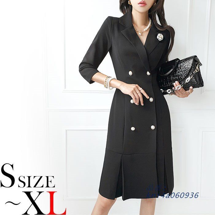 カシュクール胸元 ジャケットスーツ風膝丈七分袖ワンピース 黒 スーツ キャバ スナック 韓国 ラウンジ 服 kni4a060936