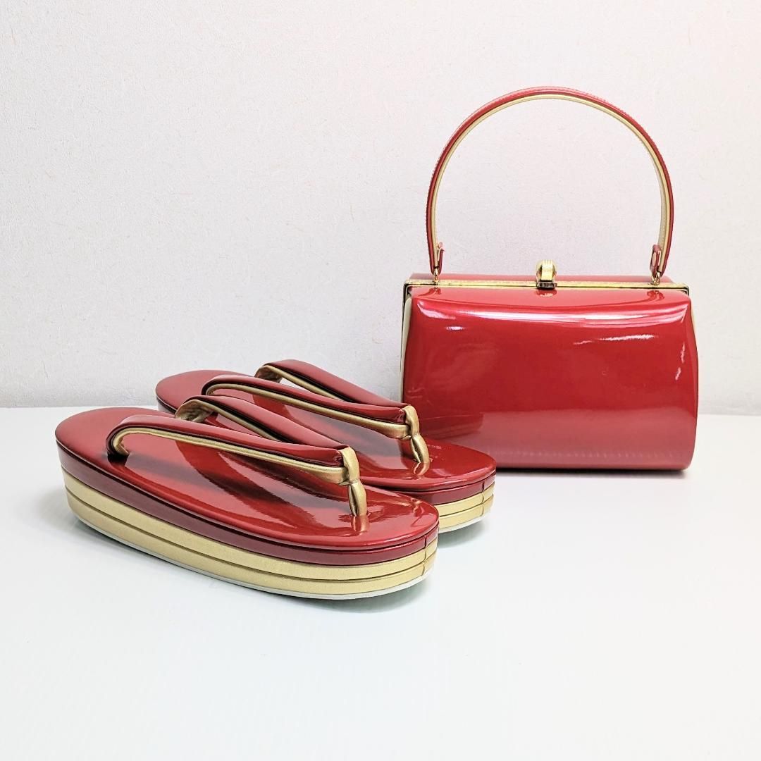 和装 草履 バッグ セット エナメル 赤 金 ゴールド フリーサイズ w56-1 和装 草履 バッグ セット エナメル 赤 金 ゴールド フリーサイズ