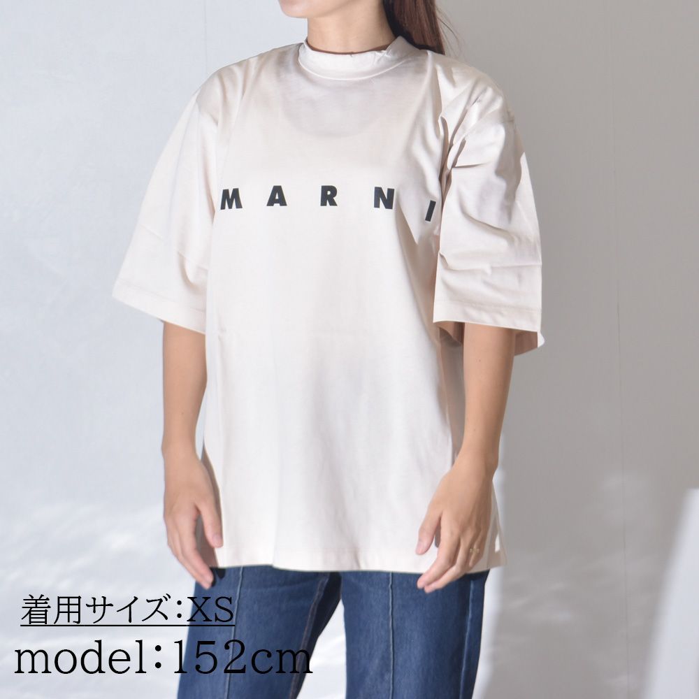 マルニ Tシャツ レディース モックネック ロゴ 半袖 おしゃれ ブランド 綿100％ MARNI  ベージュ クオーツ コットン HUMU0223P1 USCV88