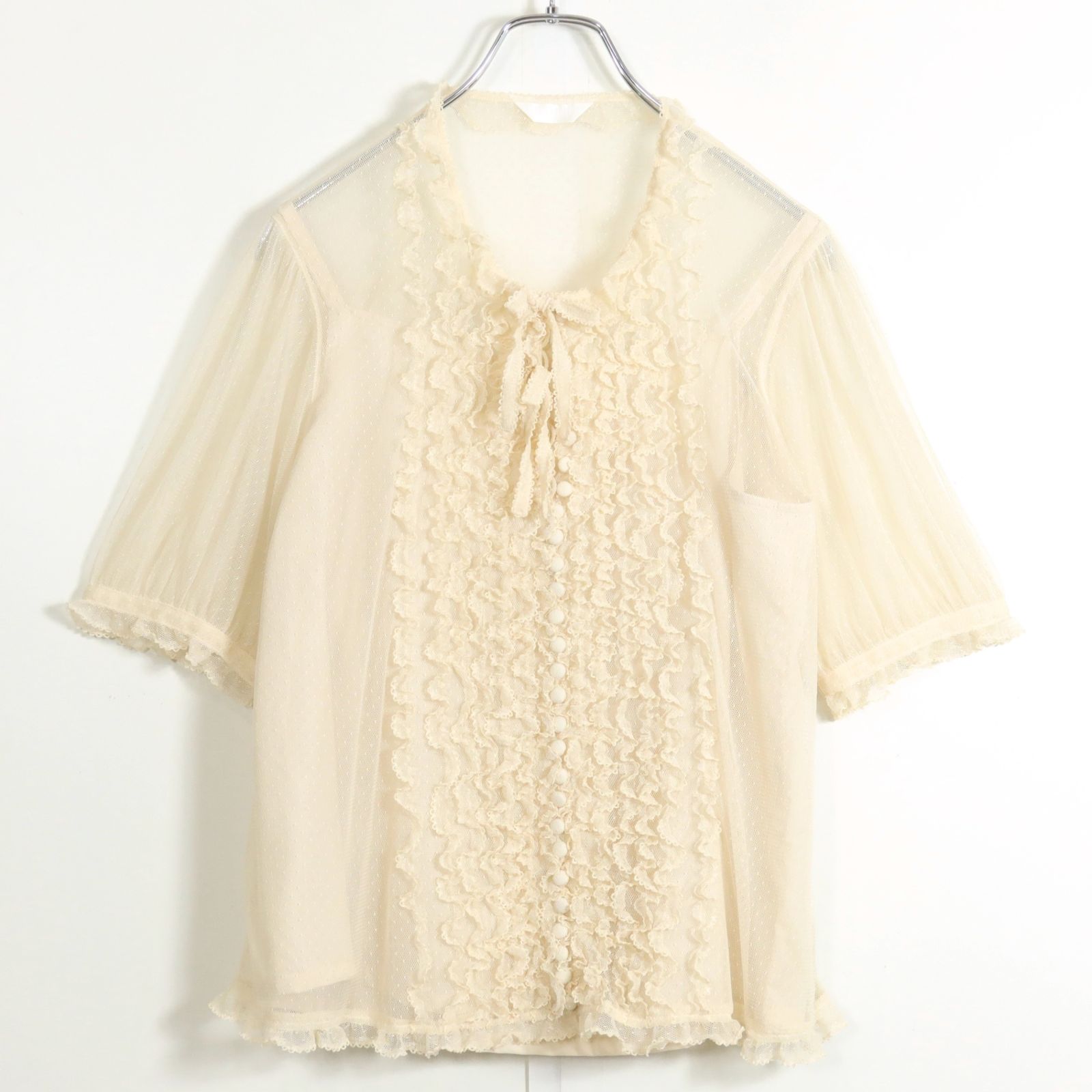 PINK HOUSE - 【美品】ピンクハウス★2023年製！ゴージャス♪ドット付きレースのフリルブラウス 黒系 前開き キュートなリボンも♪ z13294 美品】ピンクハウス☆2023年製！ゴージャス♪ドット付きレースの