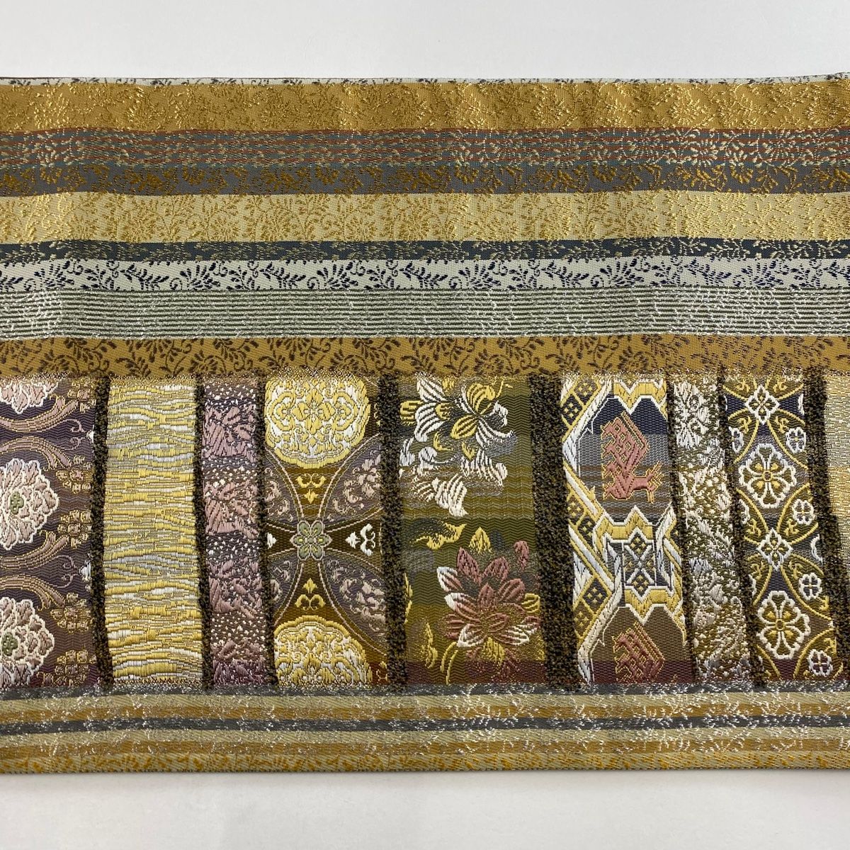 袋帯 美品 名品 京の名工 華文 段縞 金銀糸 薄茶色 六通 正絹