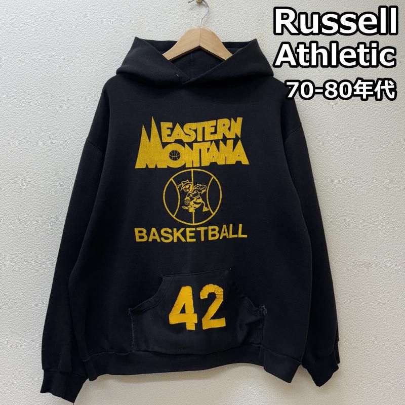 Russell Athletic ラッセルアスレティック パーカー 長袖 70-80年代 ビンテージ 金タグ モンタナ ナンバリング プリント プルオーバー フーディ スウェット パーカー 黒 ブラック