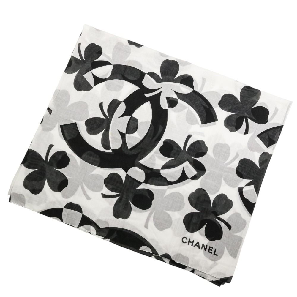 CHANEL シャネル クローバー ココマーク コットン 大判ショール ストール ブラック ホワイト レディース 古着