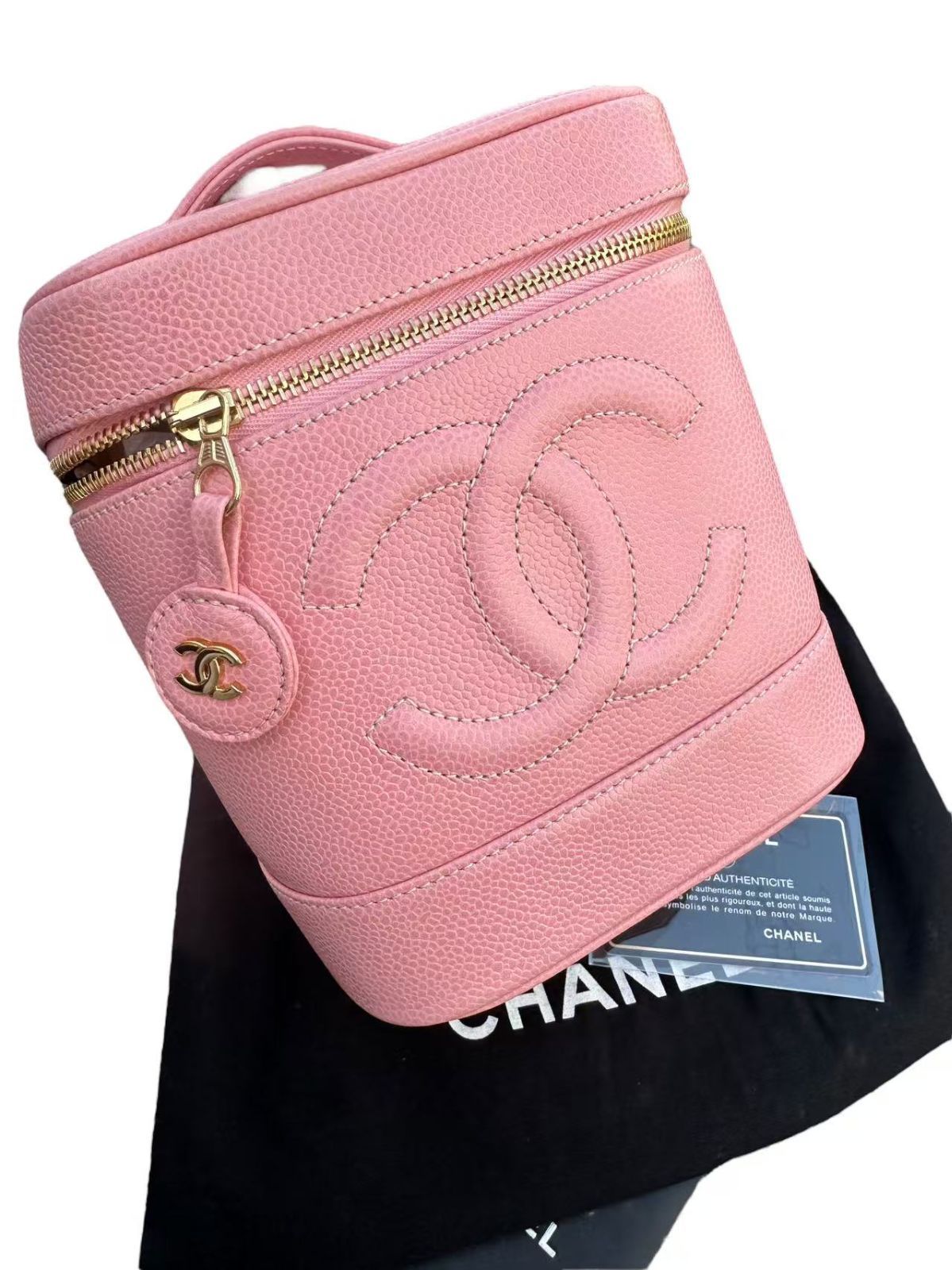 ◆本物シャネルCHANELヴィンテージVintageココマークCCゴールドG金具バニティコスメハンドバッグポーチキャビアスキン化粧箱ピンク金