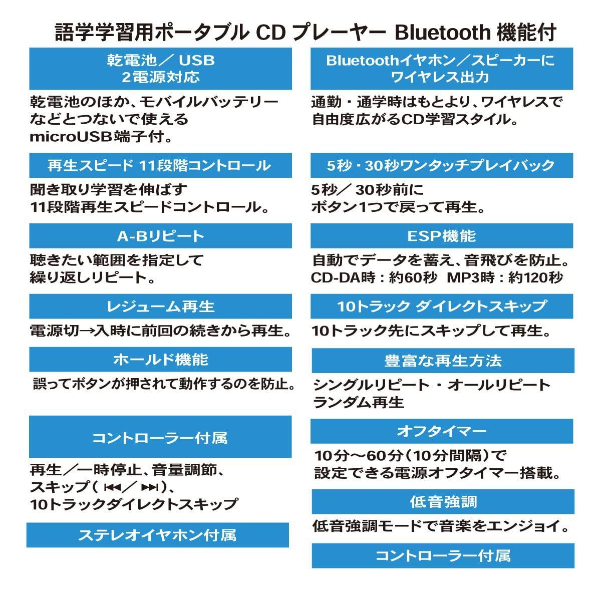 数量限定】語学学習用ポータブルCDプレーヤー Bluetooth機能付