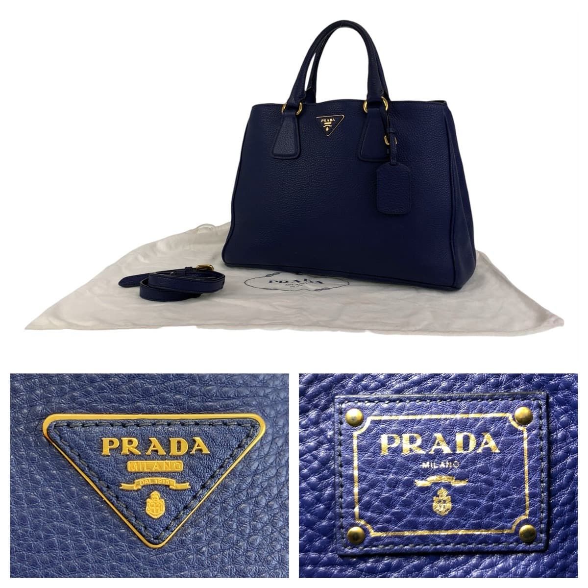 美品 PRADA プラダ ヴィッテロダイノ ガレリア ネイビー 紺 ゴールド金具 レザー ハンドバッグ ショルダーバッグ 2way レディース 406038【中古】