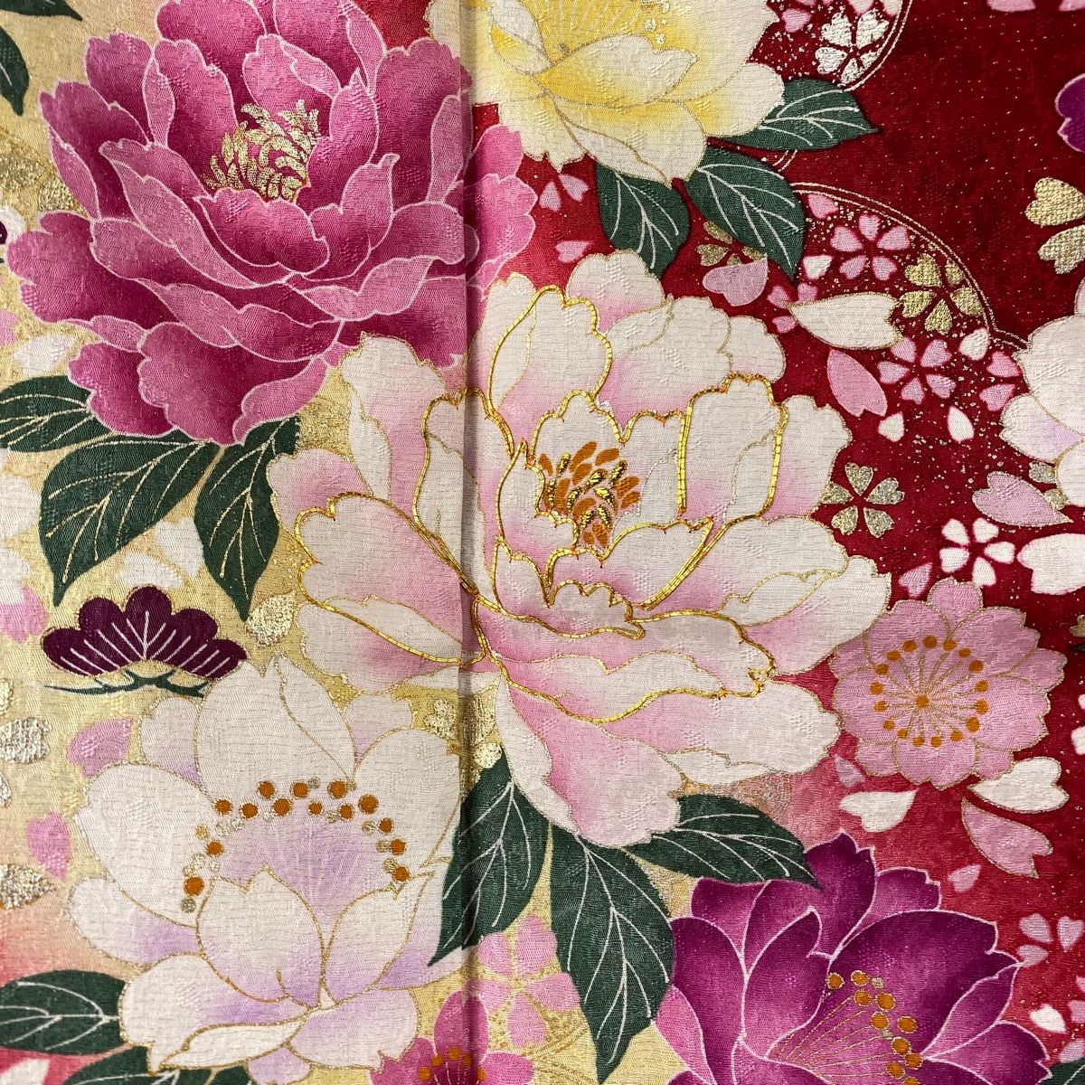 在庫一掃】 振袖 身丈167cm 裄丈66cm M 袷 草花 雲文 金通し ぼかし 赤  