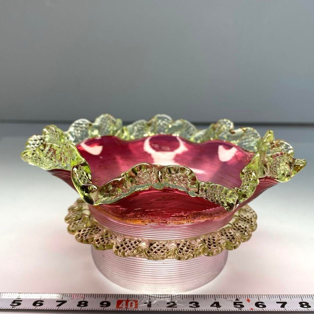 時代 ウラングラス フリル鉢 幅13.7㎝ 東な6-0503