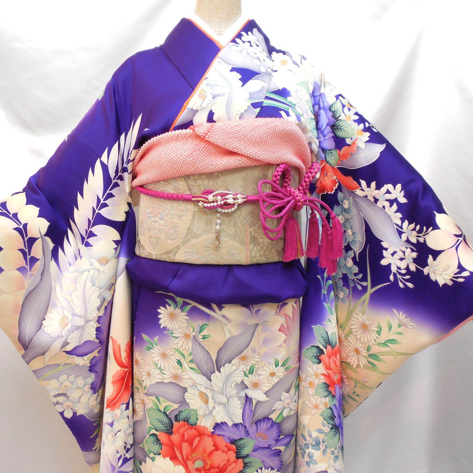 美品★成人式振袖　7点フルセット　正絹　振袖Mサイズ　ブルー　花柄　華やか フォロワー割】美品☆クリーニング済 振袖フルセット 正絹 成人式 振袖