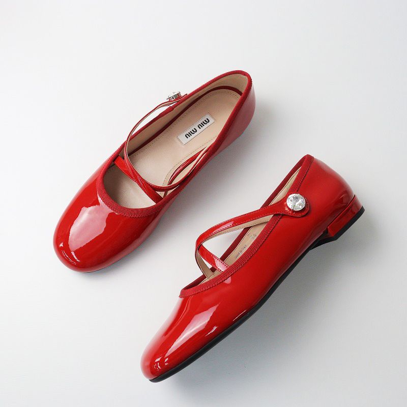 極美品 ミュウミュウ miu miu エナメルクロスストラップバレエシューズ 