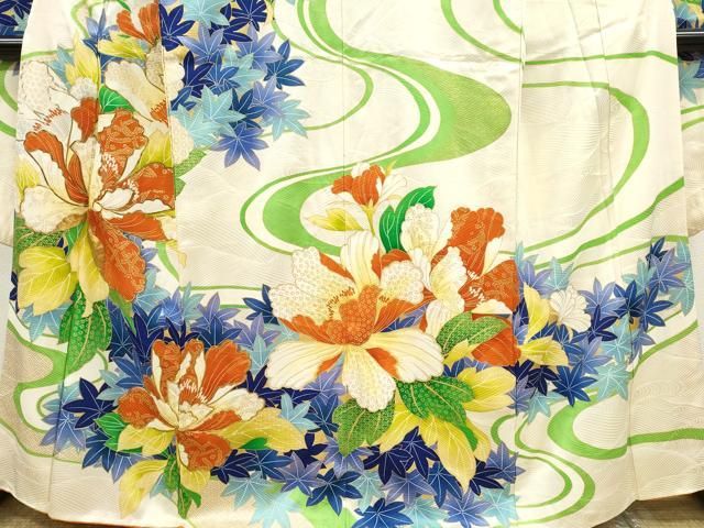 振袖フルセット豪華振袖　駒刺繍　扇面流水草花文　金彩　正絹 平和屋着物▽豪華振袖 駒刺繍 流水草花文 金彩 やまと謹製 正絹