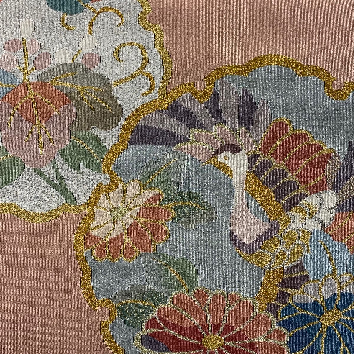 最高の 美品 名古屋帯 秀品 【中古】 正絹 ピンク 金銀糸 菊 鳥 松葉