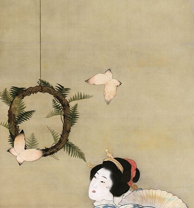 葛飾応為 蝶々二美人図 小サイズ 複製 ポスター 印刷 浮世絵 葛飾北斎