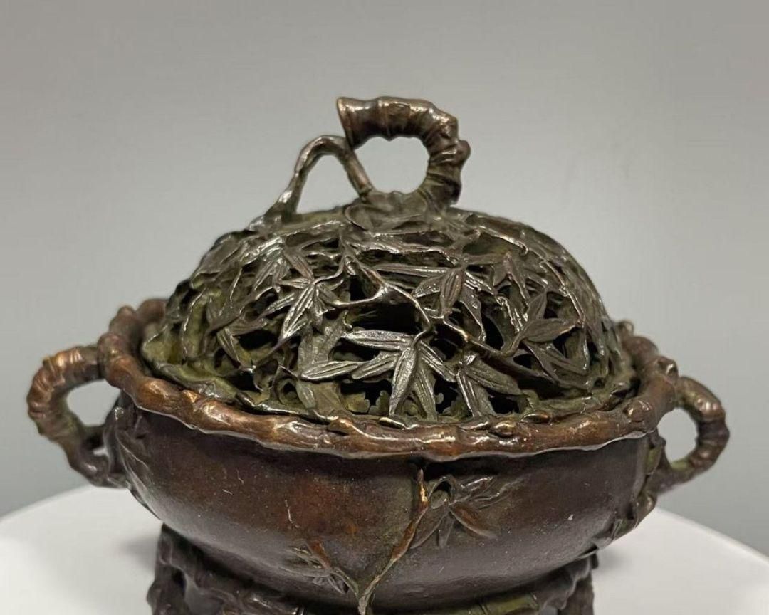 茶道具 古銅 洪在銘 金工細工 透かし彫り『五福迎寿』 香炉 薫香炉 香道具★ 閑】茶道具 古銅 洪在銘 金工細工 透かし彫り『五福迎寿』 香炉