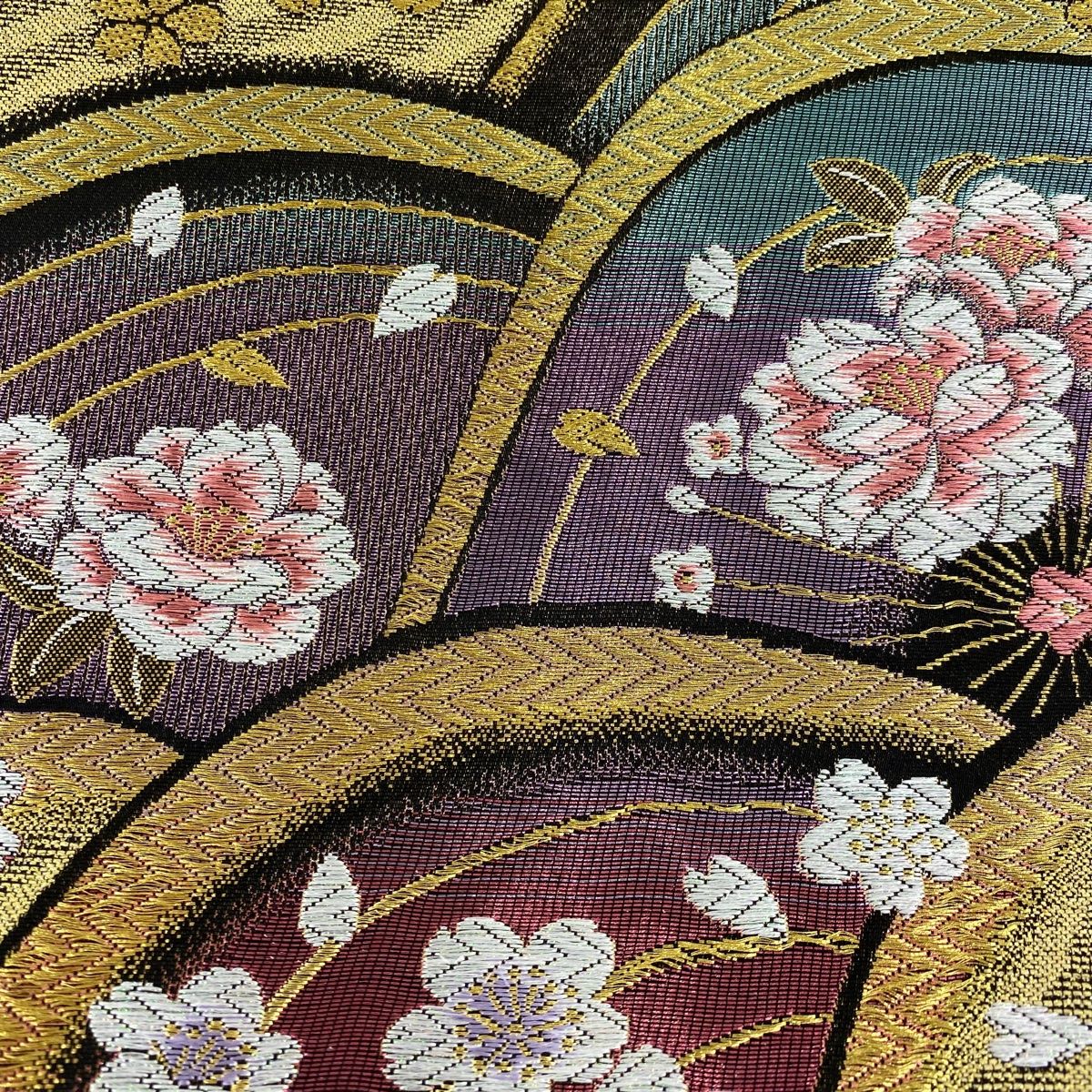 袋帯 秀品 桜 波 金糸 刺繍 紫 六通 正絹
