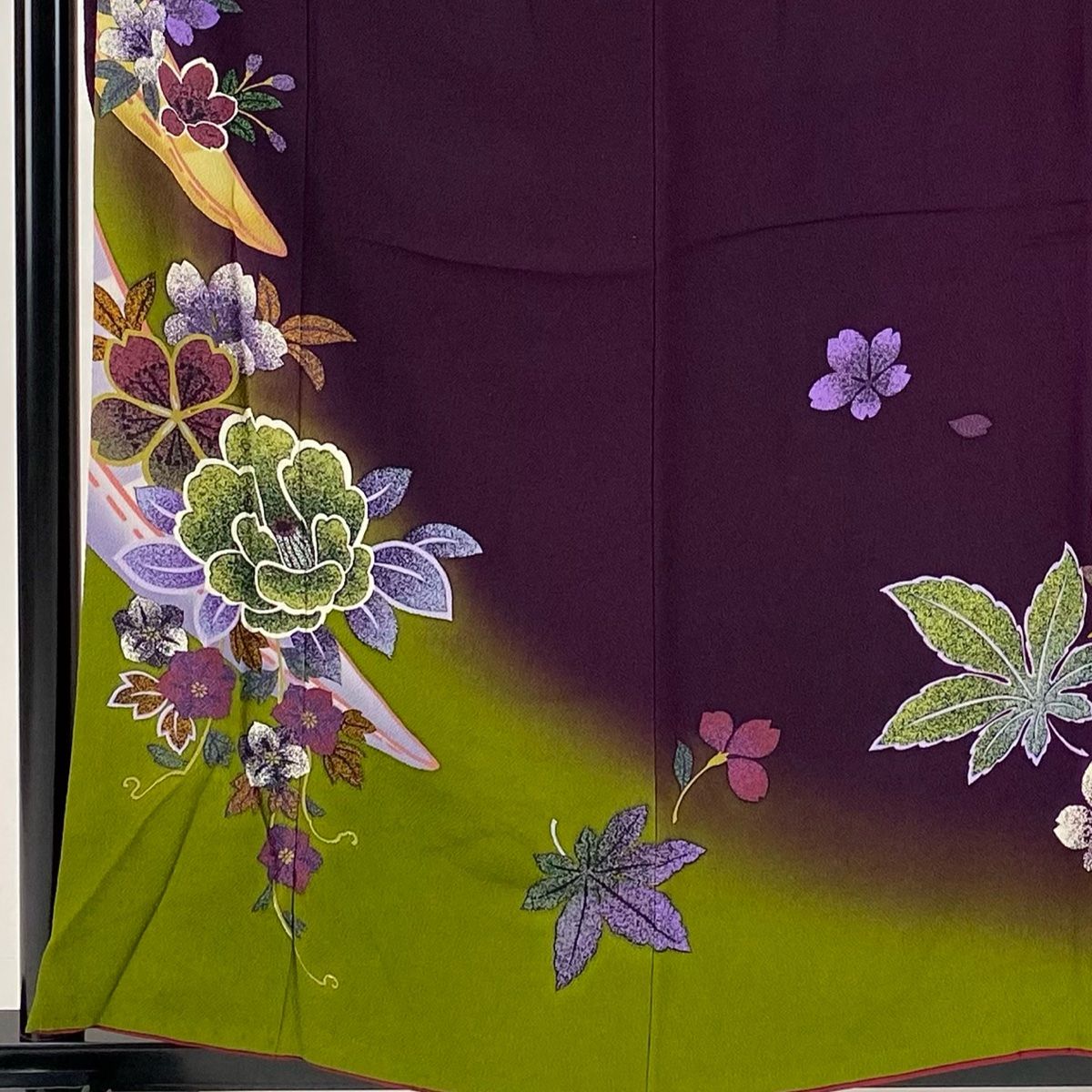 振袖 身丈156.5cm 裄丈63cm S 袷 牡丹 舟 染め分け ぼかし 紫 正絹 秀品