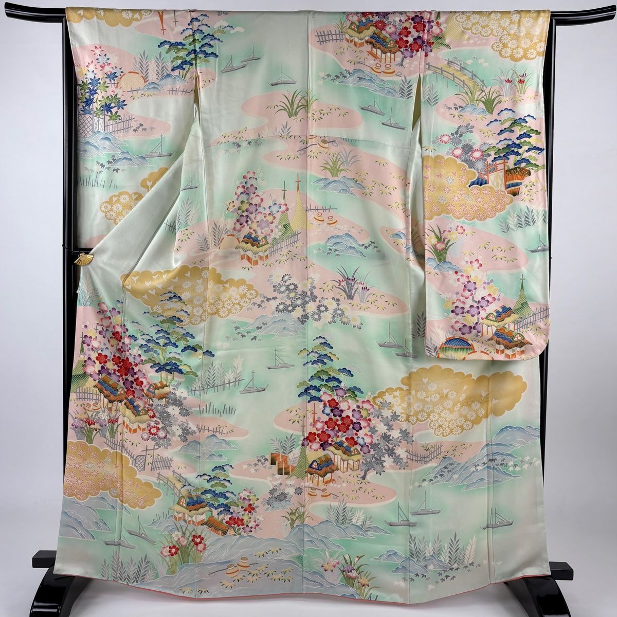 振袖 身丈171cm 裄丈67.5cm L 袷 桧扇 菊 金糸 金銀彩 茶緑色 正絹 秀品 中古