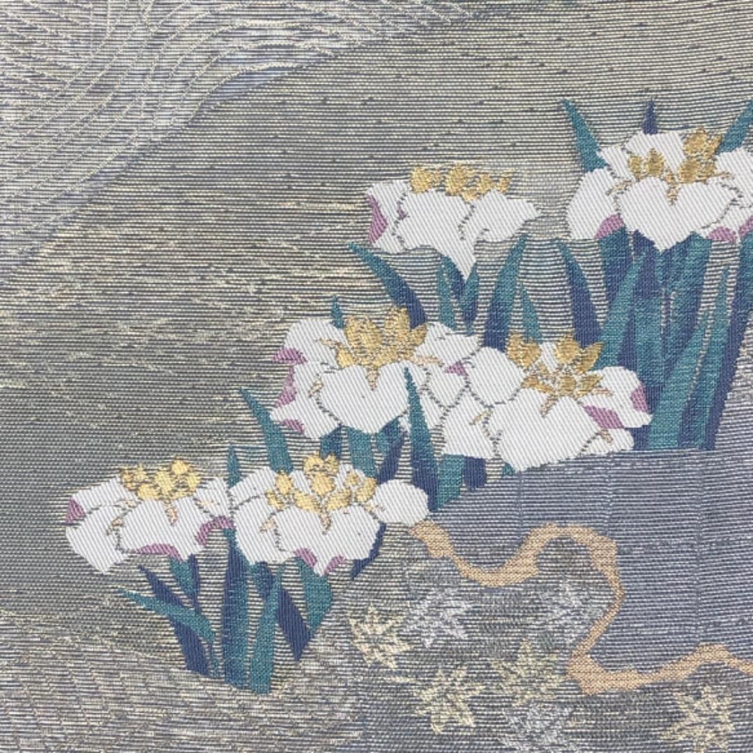 夏帯 袋帯 紗 地紙に花模様 菖蒲 桔梗 朝顔 金銀糸 水銀色 O-5287