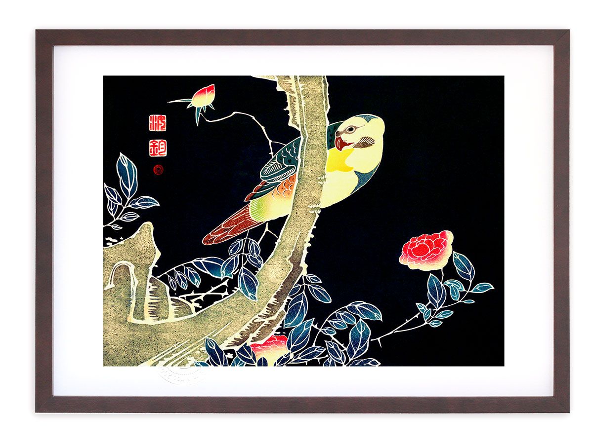 版画 絵画 名画 日本画 薔薇に鸚哥図 (ばらにいんこず） 伊藤若冲