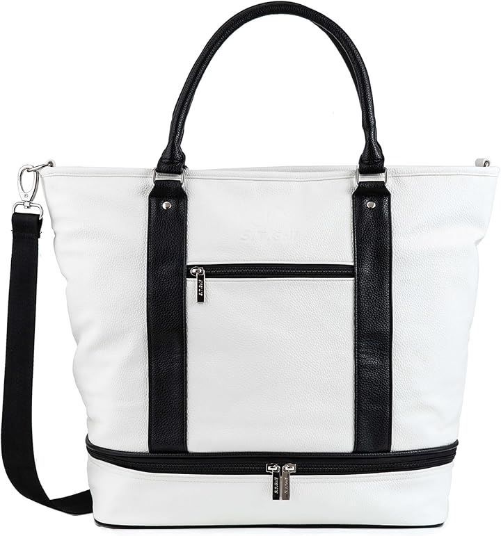 S.T.Golf ゴルフ トートバッグ メンズ 高級PUレザー 大容量 シューズ収納可 3WAY 型押しロゴ ショルダーストラップ付属 防水(ホワイト)