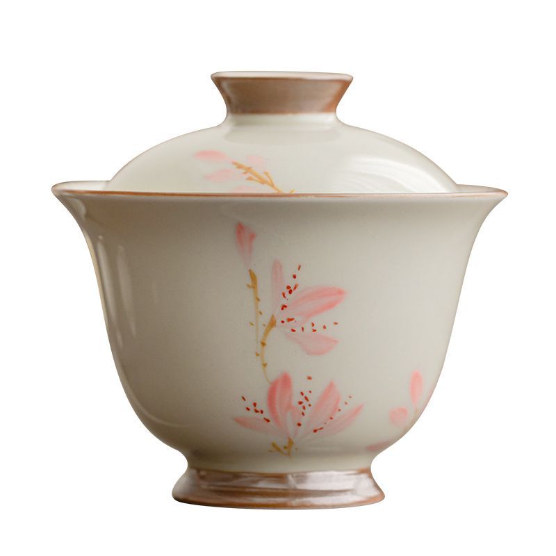 茶碗 陶器製 手描き 玉蘭花 釉下彩 小型 二才蓋碗 レディース用