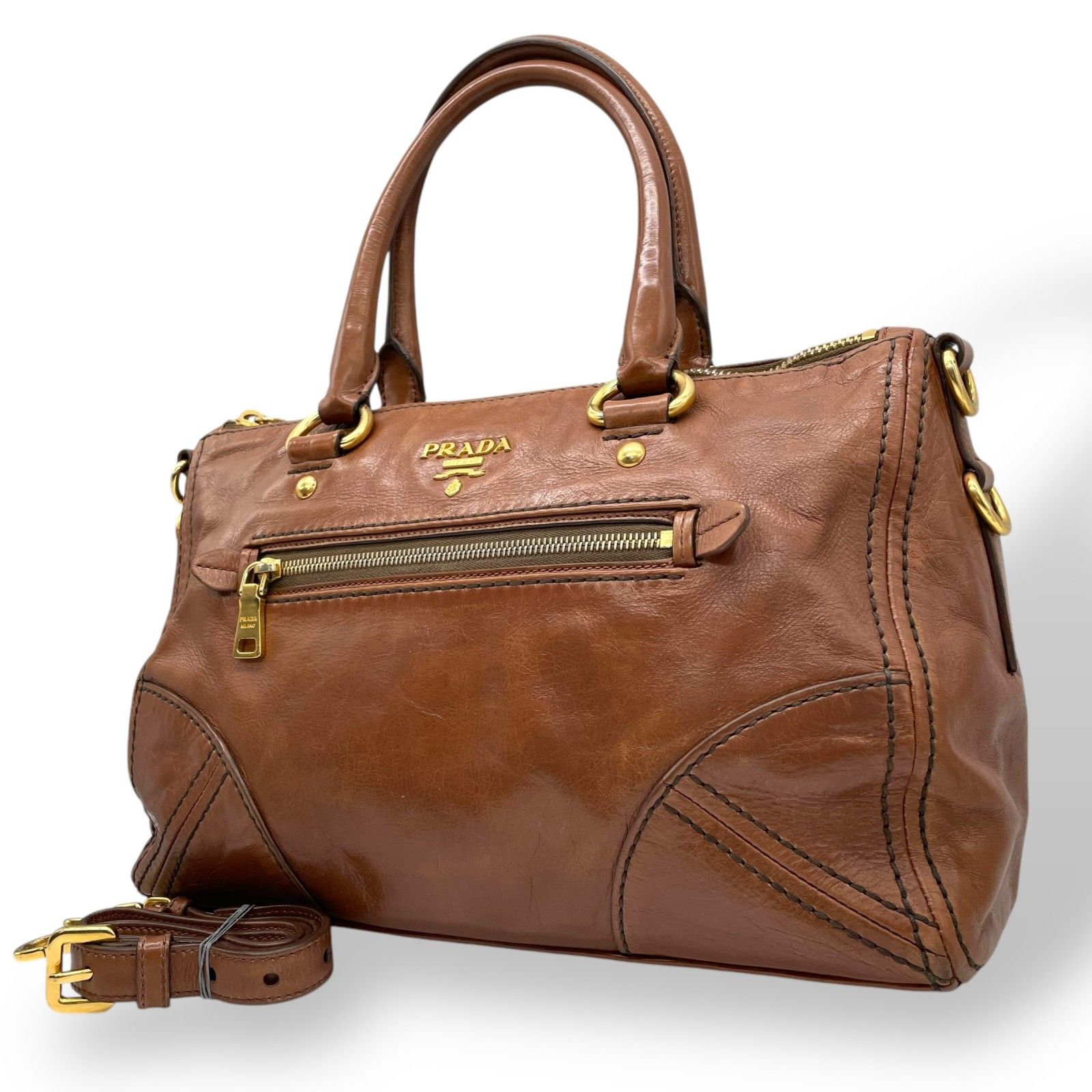 PRADA 2way ハンドバッグ ショルダー レザー ブラウン ゴールド金具