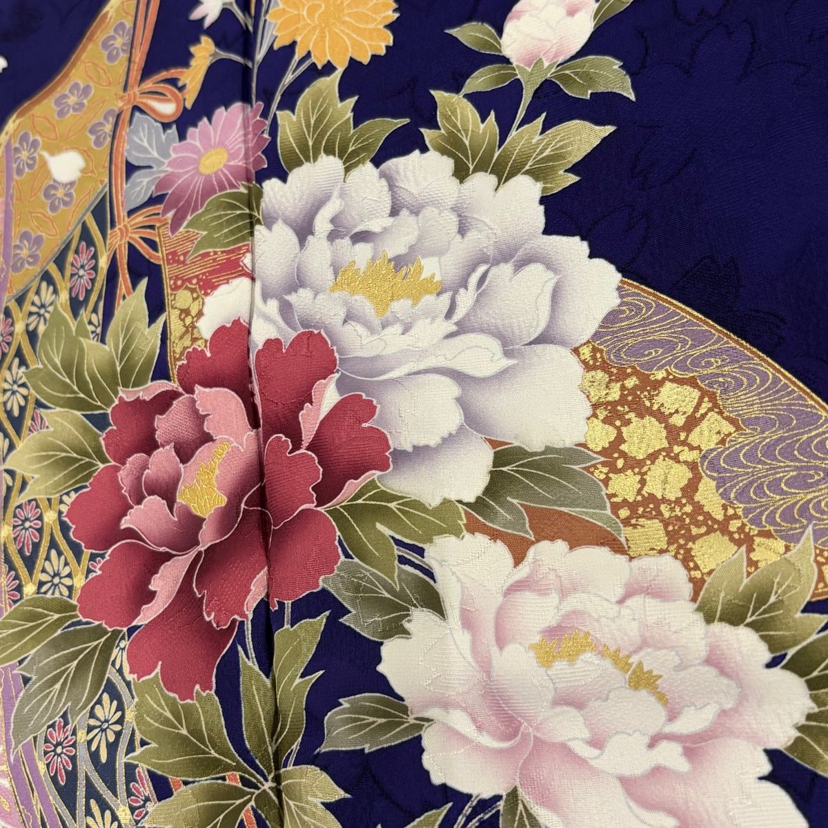 振袖 身丈165.5cm 裄丈67.5cm L 袷 草花 几帳 金彩 青紫 正絹 秀