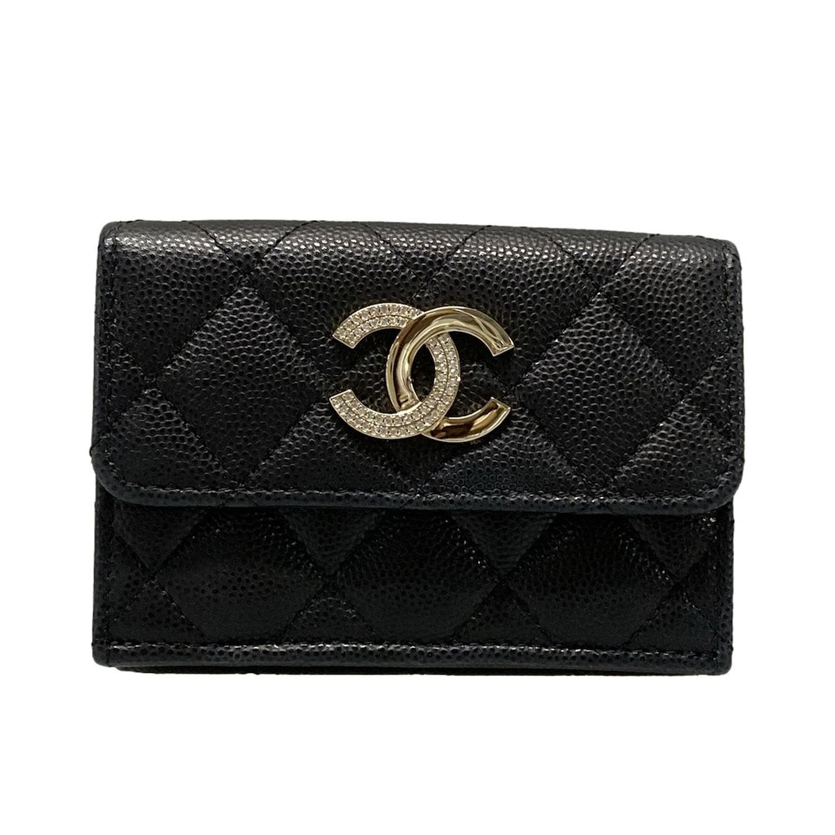 CHANEL シャネル 3つ折り財布 マトラッセ AP4173 黒 ゴールド金具|ラインストーン