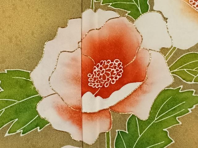 平和屋着物○豪華振袖 牡丹花文 ラメ糸 暈し染め 黒地 金彩