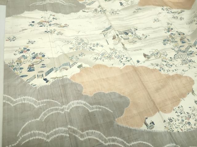 平和屋着物○生紬 訪問着 絞り 雲取り人物風景花文 正絹 逸品