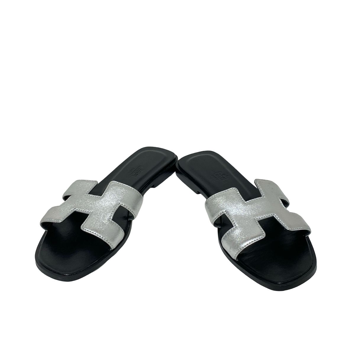 HERMES エルメス ミュール 36 レディース オラン シルバー×黒 レザー