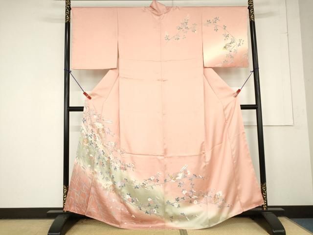 平和屋着物○上質な小紋 作家物 駒刺繍 扇面立波花文 暈