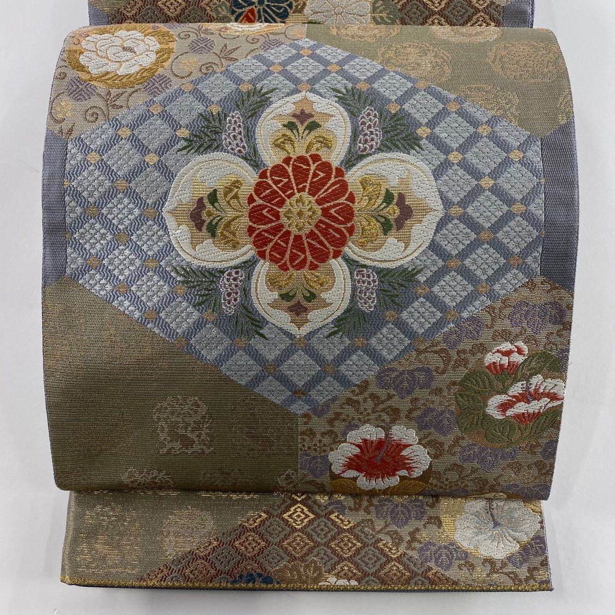 袋帯 秀品 関西仕立て 草花 花菱 金糸 刺繍 青灰色 六通 正絹